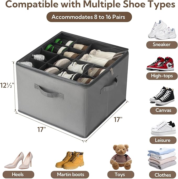 Shoe Organizer for Closet, 2 Pack Foldable Shoe Storage Bins with Clear Cover and Adjustable Dividers, Fits up to 16 Pairs, Large Shoe Box Storage Containers with Reinforced Handles (grey)