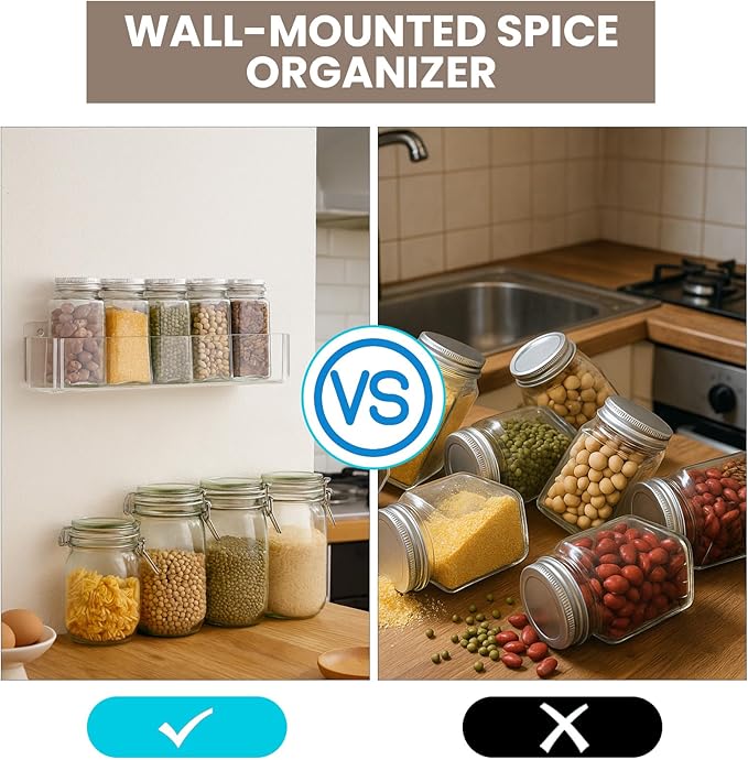 Acrylic Spice Racks for Wall Mount, 2-Pack Clear Cabinet Door Spice Rack with Nano Tape & Screws