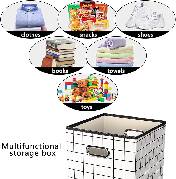 Yunkeeeper storage bins Cubes, Fabric Cube Organizer with Handle, Foldable Cube Bins for Cloth or Accessary Storage, 11x11x11, Set of 3,(White grid)