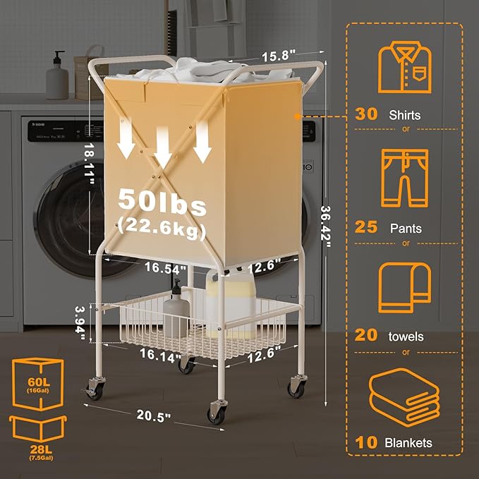 Laundry Basket with Wheels:88L Rolling Laundry Cart Foldable Metal Frame Dirty Clothes Laundry Hamper 36"H 4 Caster 2 Brake Waterproof Removable Liner Carry Handle for Dorm Laundry Room,Cream