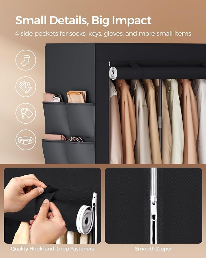 SONGMICS Portable Closet, Wardrobe Closet Organizer with Cover, 4 Hanging Rods and Shelves, 4 Side Pockets, 17.7 x 66.9 x 65.7 Inches, Large Capacity for Bedroom, Living Room, Ink Black URYG094B02