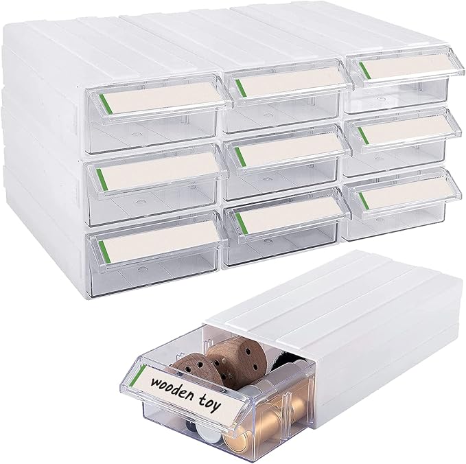 9 Pcs Stacking Office Drawer Organizers - Desktop & Wall Mounted 9 Drawer Storage Closet with 18pcs Clear Dividers Multifunctional Organizer Rack with 9pcs Tag Card for Home Small Items