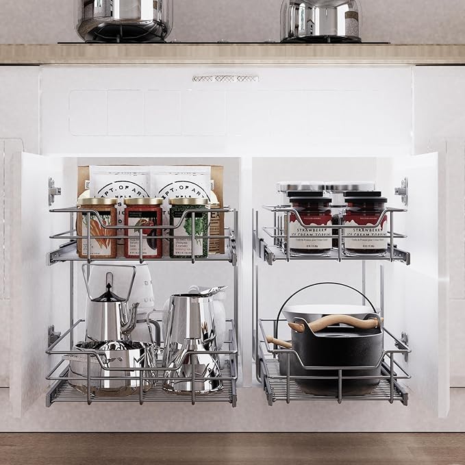 2 Tier Pull Out Cabinet Organizer 15" W X 22" D, Slide Out Drawers For Kitchen Cabinets, Pull Out Drawers For Cabinets Capacity Heavy Duty Caddy, Cabinet Pullout Shelves Chrome-Plated,Bathroom Pantry | Slide Out Drawers, For Kitchen Cabinets, Heavy Dut...