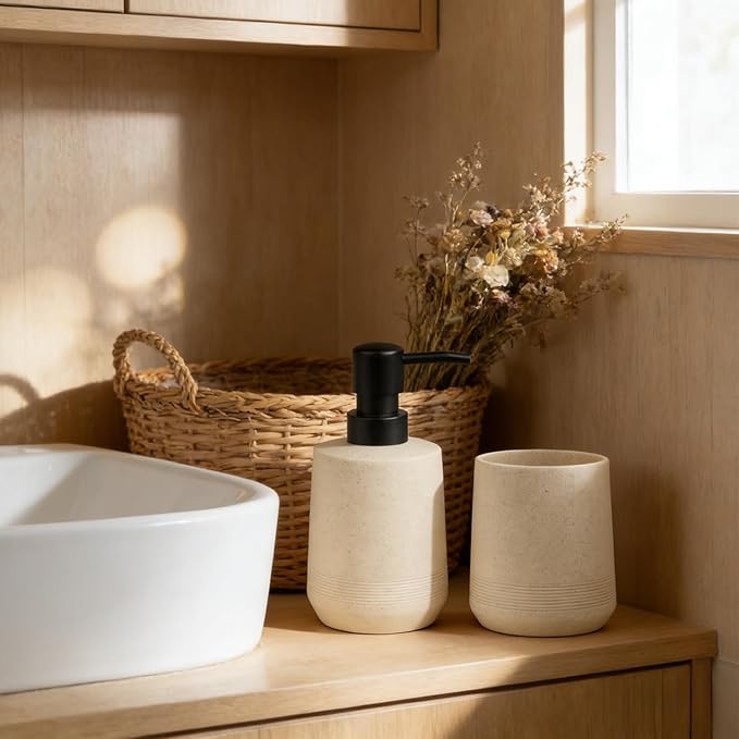 Bathroom Accessories Set, 2Pack Soap Dispenser & Toothbrush Holder in Warm Beige, Handcrafted Resin Texture, Minimal Boho Decor for Vanity & Bathroom Cabinet