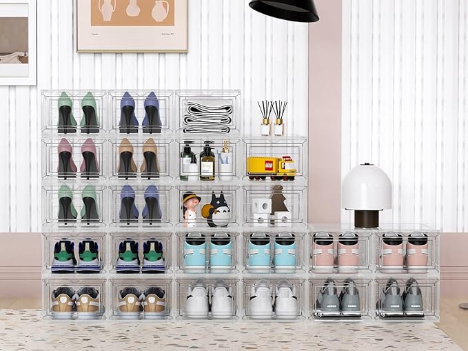 JWQ 10 Pack Extra XX Large Hard Plastic Clear Stackable Shoe Storage Box Organizer for Closet, Thicken Sturdy Sneaker Shoe Rack Display Case Containers Bins with Lids and Magnetic Door, Clear