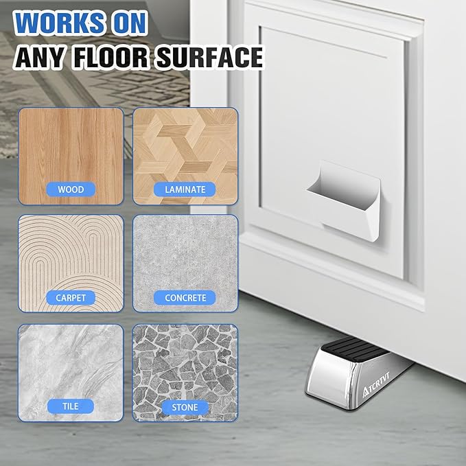 Heavy Duty Door Stopper Wedge - 2 Pack Big Size Door Stop Wedge Made of Aluminum Alloy Metal Suits Any Door, Any Floor with Set of 2 Plus Self-Adhesive Holder Satin Nickel Large Version