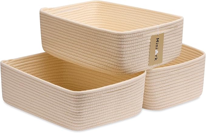 Large Shallow Organizing Baskets 15x11x5.1 Inches - Rope Woven Storage Bins for Bathroom, Shelves, Cube Closet, Beige 3 Packs