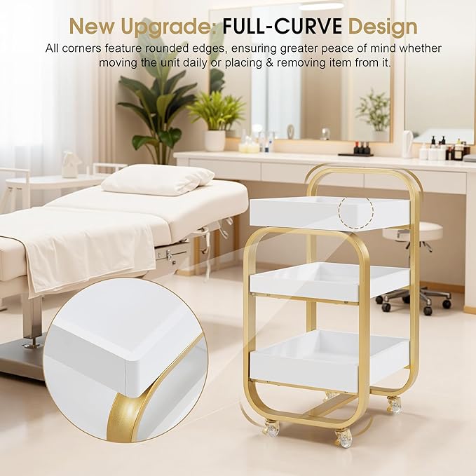 BarberPub Salon Storage Trolley with Shelves, Beauty SPA Rolling Cart with Lockable Wheels, 3-Tier Stylist Tool Organizer, Barber Mobile Station Equipment 2085 (Gold&White)