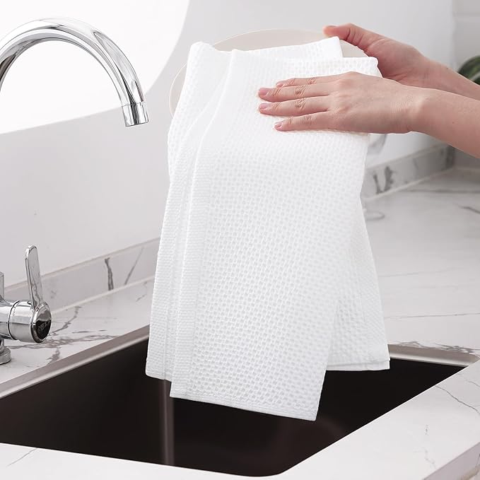 Homaxy 100% Cotton Oversized Waffle Weave Kitchen Dish Towels, Ultra Soft Absorbent Quick Drying Cleaning Towel, 20x28 Inches, 6-Pack, White