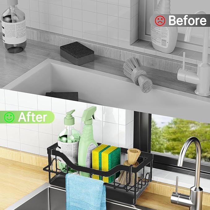 Kitchen Sink Organizer Stainless Steel Sponge Holder with Automatic Drainage Tray and Detachable Rag Rack