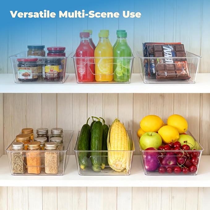 4 Pack Pantry Organizers and Storage, Clear Plastic with 3 Removable Dividers, for Tea Bag, Snack, Seasoning Organizer – BPA Free Perfect in Pantry and Fridge