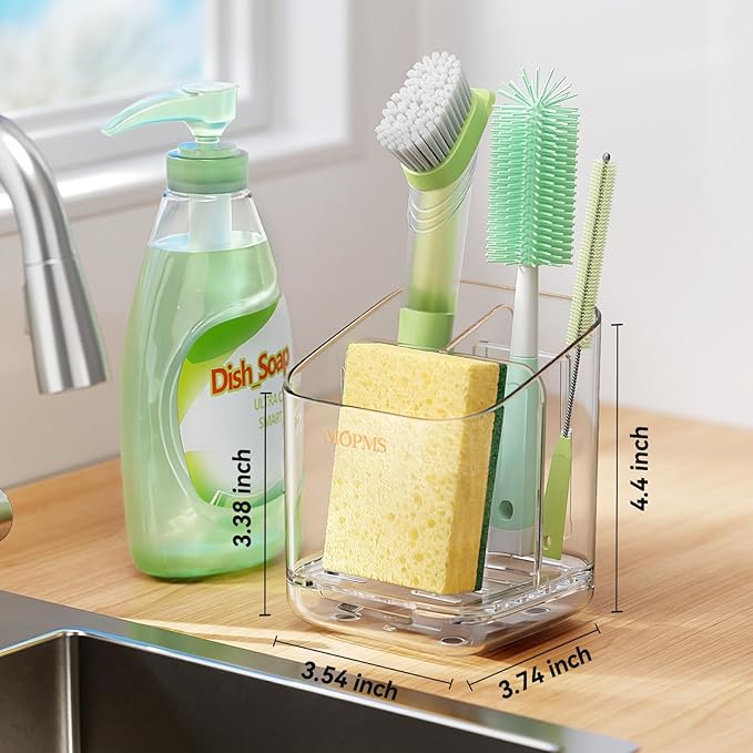 Minimalist Sponge Holder for Kitchen Sink, 3 Slots Sink Caddy with Removable Divider and Drip Tray, Clear PET Countertop Organizer to Free up Kitchen Sink Space