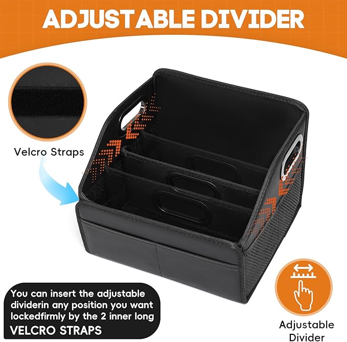 Car Storage Organizer Reinforced Dividable Leather Car Caddy Basket for Front Seat Floor Back Sturdy Frosted Handle 8 Compartments Adjustable Strap Buckles Slip-Resistant for SUV Truck