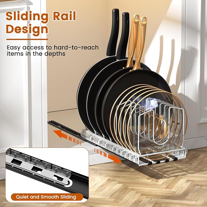 Housolution 1 Pack Pull out Pot Lid Organizer for Under Cabinet, Slide Out Pot and Pan Organizer with 10 Adjustable Dividers, Sliding Pan Holder Storage Rack inside Cabinet, White