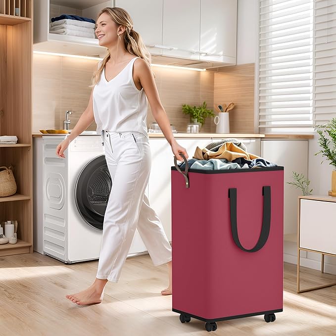 Laundry Basket with Wheels, Collapsible Laundry Baskets, Laundry Hamper with Handles Detachable Wheels, Rolling Laundry Basket, Dirty Clothes Hamper for Bathroom, Dorm, Bedroom, Red, 100L