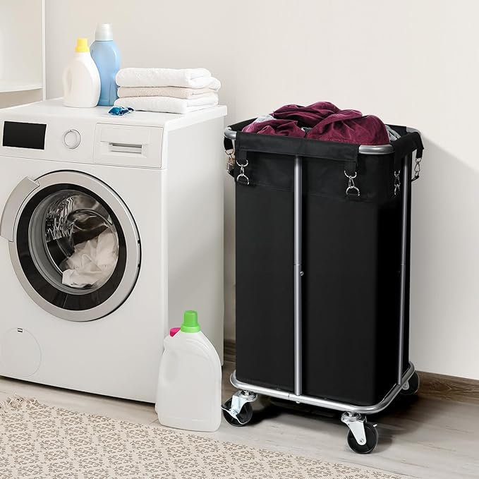 Laundry Basket with Wheels, Rolling Laundry Hamper with Removable Bag, 100L Laundry Sorter Cart, Tall Narrow Slim Clothes Hamper Organizer with Sturdy Metal Frame, Black+Silver