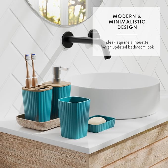 Clara Clark Bathroom Set - Teal Bathroom Accessories Set, 6PC Bathroom Accessory Set, Bathroom Sets with Toilet Brush, Trash Can & Soap Dispenser
