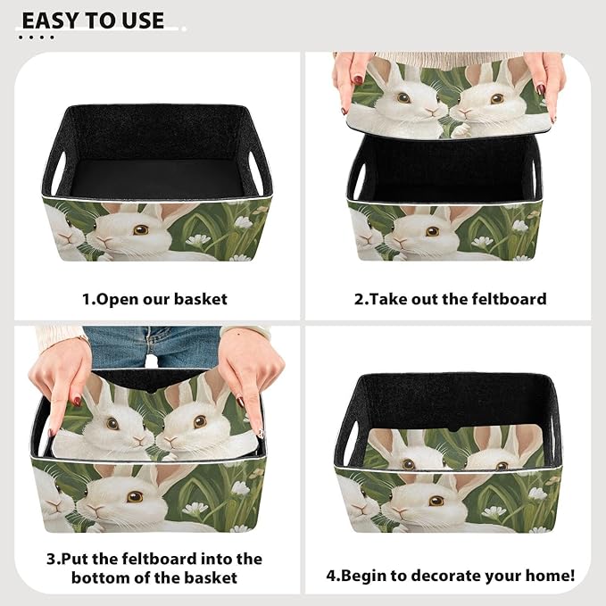 Green Easter Bunny Daisy Spring Closet Storage Bins 2 Pcs Felt Open Storage Containers Organizer with Handles Collapsible Shelf Basket for Home Office Craft Room Classroom Fabric