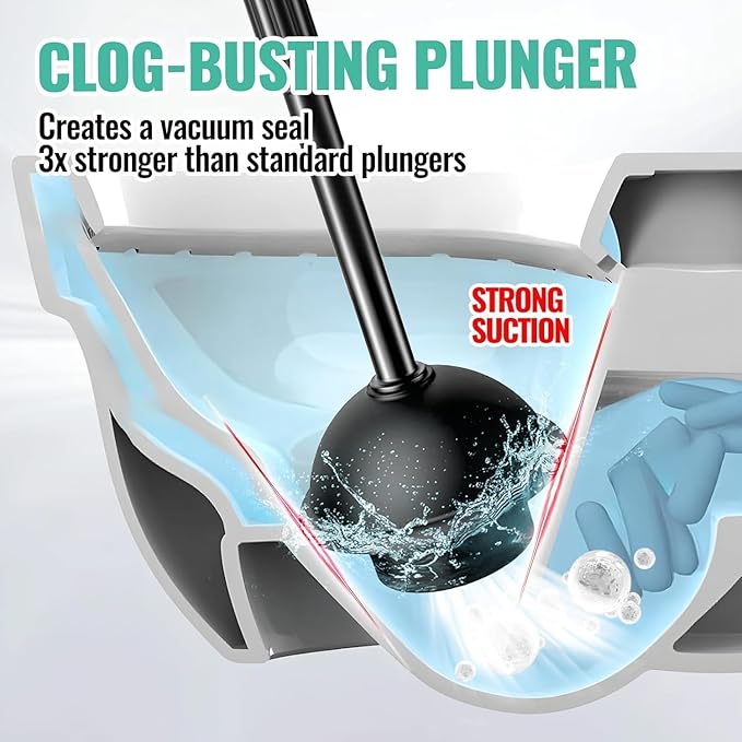 3PACK 4 in 1 Toilet Brush and Plunger Set with Crevice Cleaning Brush, Toilet Plunger and Brush Set with Extra Long Handle, Plungers for Bathroom Accessories, Toilet Plunger with Holder, Black