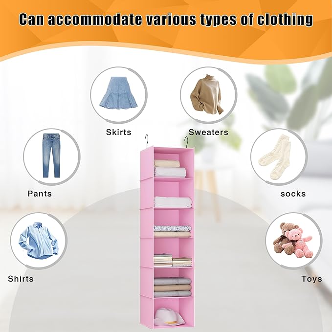 Hanging Closet Organizer, Easy Mount Foldable 6-Shelf Hanging Closet Wardrobe Storage Shelves, Clothes Handbag Shoes Accessories Storage, Washable Oxford Cloth Fabric, Pink