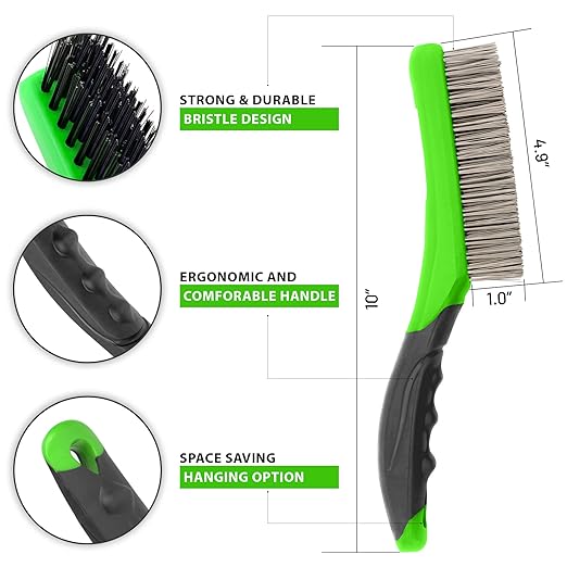 Wire Brush Set-Heavy Duty Stainless & Carbon Steel Bristles with Plastic Handle Grip for Rust, Wielding Slag, Dirt & Paint Scrubbing with Deep Cleaning – 10 Inches (Pack of 2-Green)