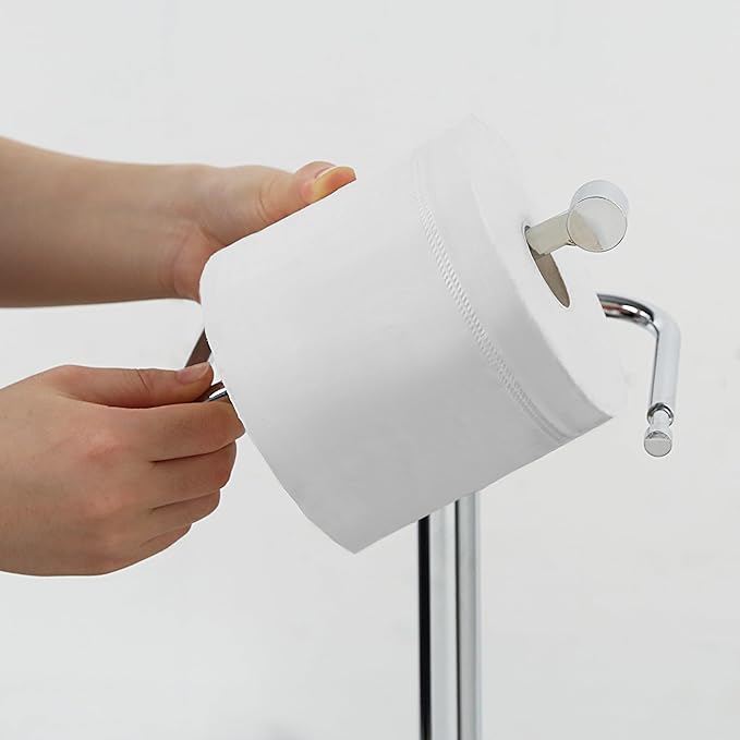 SunnyPoint Free Standing Toilet Paper Holder – Bathroom Tissue Stand with Weighted Base, Holds Jumbo & Standard Rolls (Chrome)
