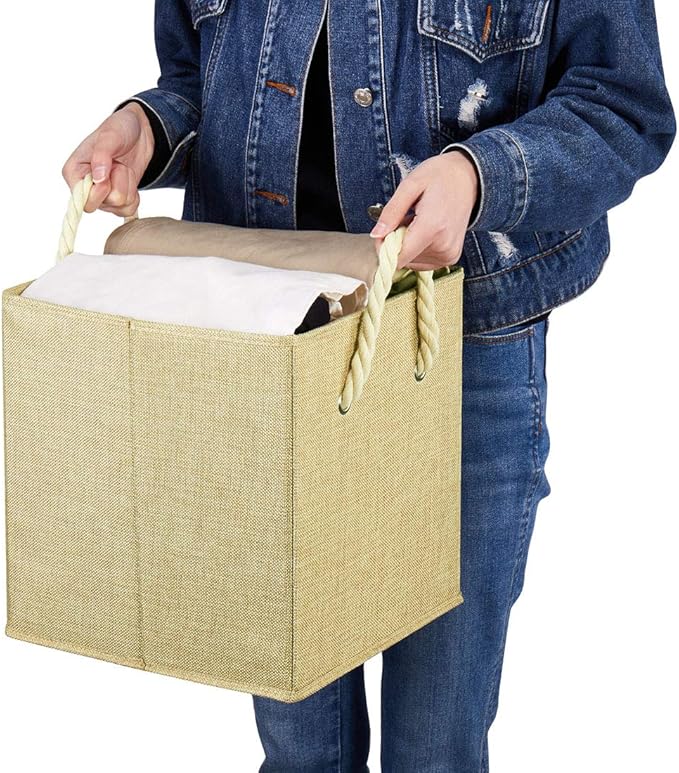 i BKGOO Foldable Storage Cube Bins Khaki Linen Fabric Collapsible Resistant Basket Box Organizer with Cotton Rope Handle for Home Office and Nursery 10.5x10.5x11 inch