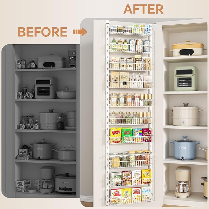 MIAOLI Over the Door Pantry Organizer, 10-Tier Adjustable Spice Rack Cabinet Door Shelves, Hanging Seasoning Organizer for Kitchen Bathroom, Laundry Room Organization, White