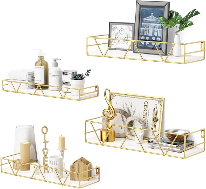 Floating Shelves Set of 3, Home Wood Wall Shelf, Farmhouse Shelf for Bedroom, Wall Mounted Floating Shelf for Living Room, Bedroom, Bathroom, Kitchen, Office (Gold-4pcs)