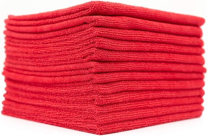 The Rag Company - All-Purpose Microfiber Terry Cleaning Towels - Commercial Grade, Highly Absorbent, Lint-Free, Streak-Free, Kitchens, Bathrooms, Offices, 300gsm, 14in x 14in, Red (12-Pack)