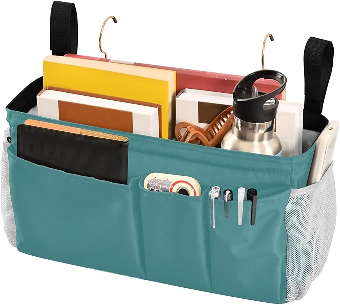 KOPIRIT Navy Teal Bedside Caddy Storage Bag Bedside Organizer for College Dorm Top Bunk Bed Hanging Storage Organizer 6 Pockets with Hooks for Drinks Magazine Phone Holder