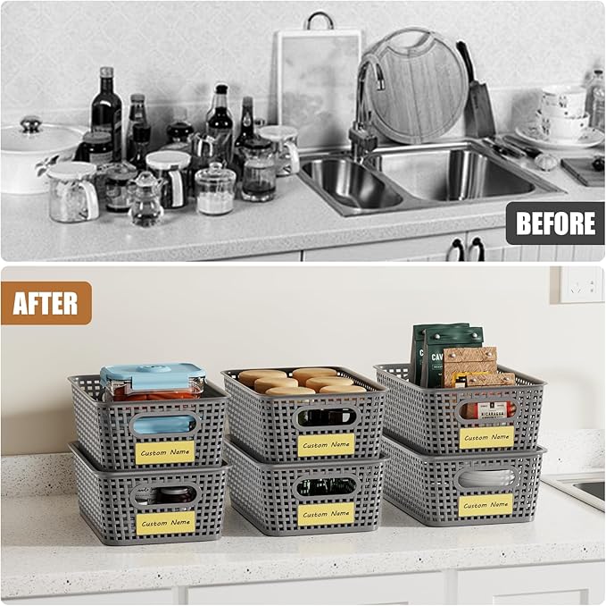 8 PCS Plastic Storage Baskets with Lids, Stackable Storage Bins with Lids & Labels for Organizing, Small Storage Bins for shelves, Office, Drawer, Cabinet & Pantry,Nursery Organization,10.2*7.2*4.1In