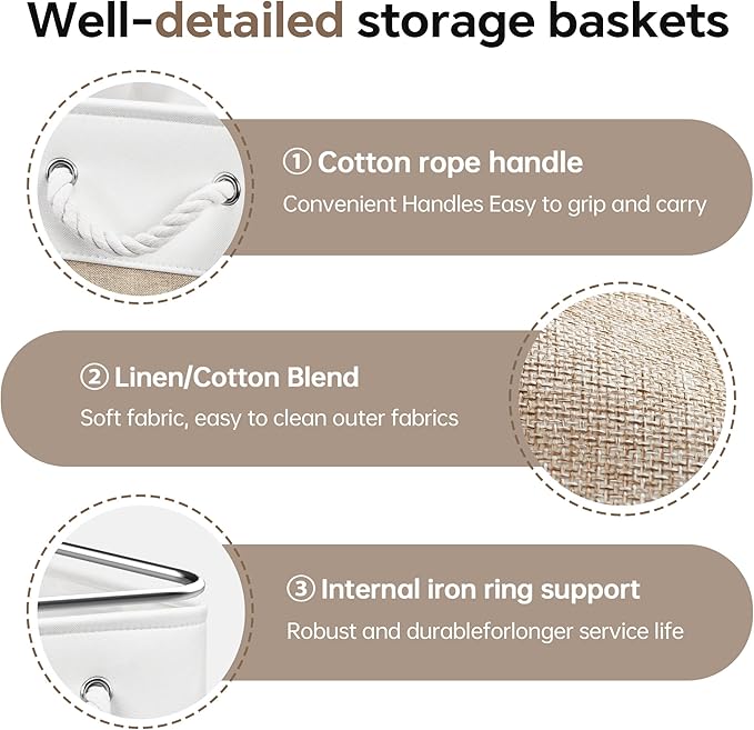 13x13 Inch Cube Storage Bins with Reinforced Bottom Cardboard, 6 Pack Large Foldable Fabric Storage Cubes with Handles for Shelf, Closet, Laundry Organization (White&Khaki)