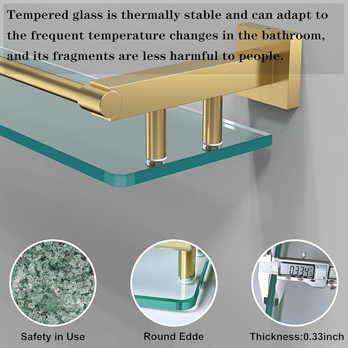 Glass Shelf for Bathroom, 20 Inch Tempered Glass with Brushed Gold Stainless Steel Railing, Floating Glass Shelves Sink Over Toilet Modern Bathroom