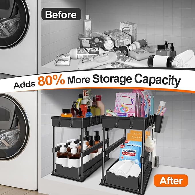 JPart Under Sink Organizer, Kitchen Organizers and Storage, 2-Tier Bathroom Cabinet Organizer with Sliding Drawers, Thickened Construction with Hooks Hanging Cup for Kitchen & Bathroom, 2 Pack