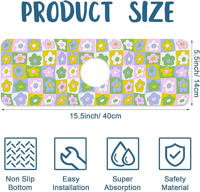 Cute Flowers Kitchen Sink Splash Guard Faucet Mat Retro Floral Super Absorbent Fast Drying Mat Sink Splash Guard Behind Faucet for Kitchen Bathroom, 15.5"x5.5"