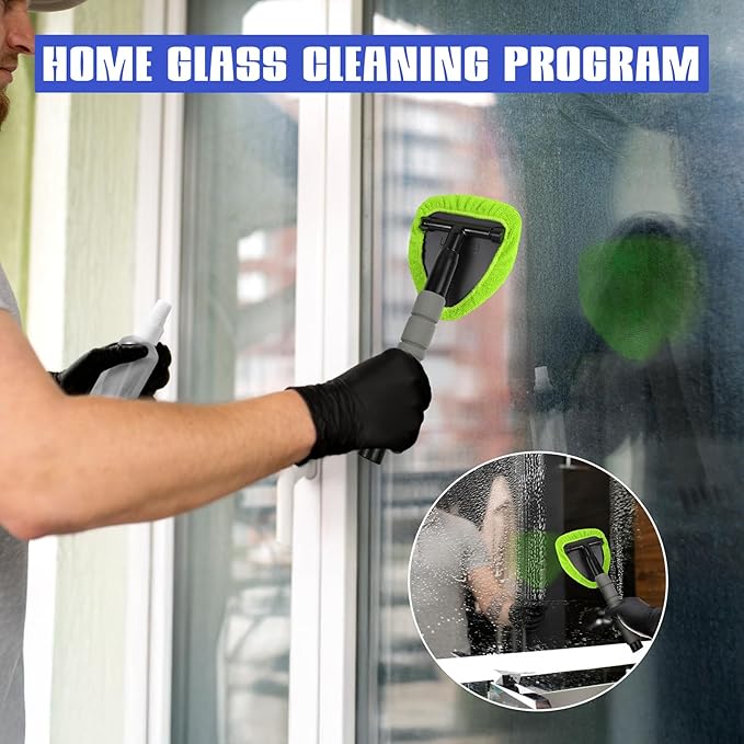 wuyaoyao 14PCS Car Windshield Cleaning Tool, Car Glass Wiper Kit with Window Cleaner, Microfiber Pads, Spray Bottle, Extendable Handle, Interior Detailing Dust Brush, Car Cleaning Supplie (Green)