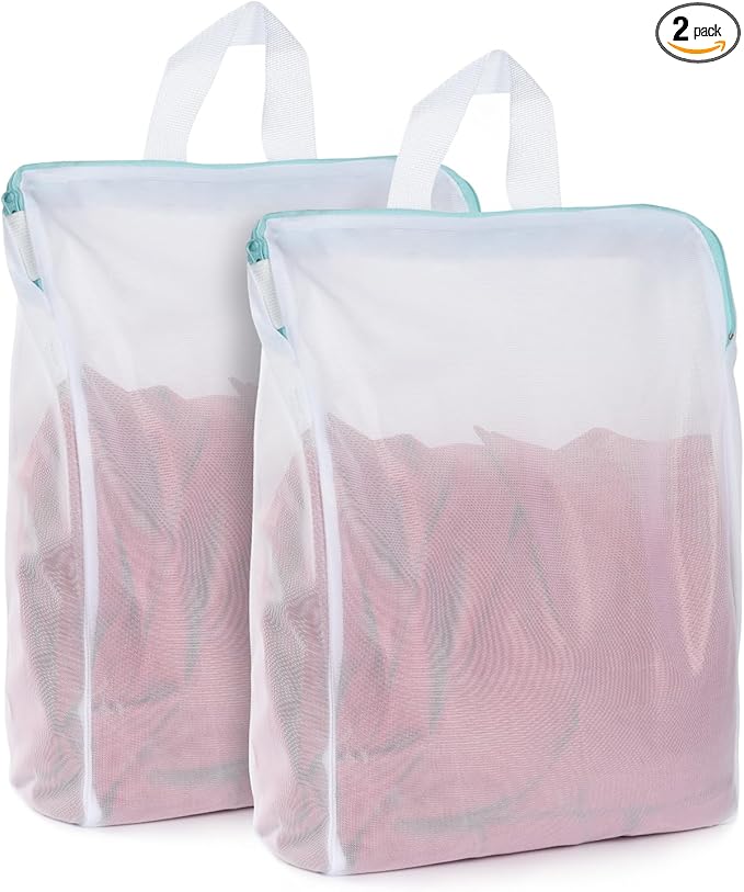 OTraki 12x16 Inch Mesh Laundry Bag 2 Pack Small Lingerie Bags with Handle and Zipper Fine Mesh Bags Delicate Washable Laundry for Home Colleage Travel Don't Drying, Melting 140-176℉, White