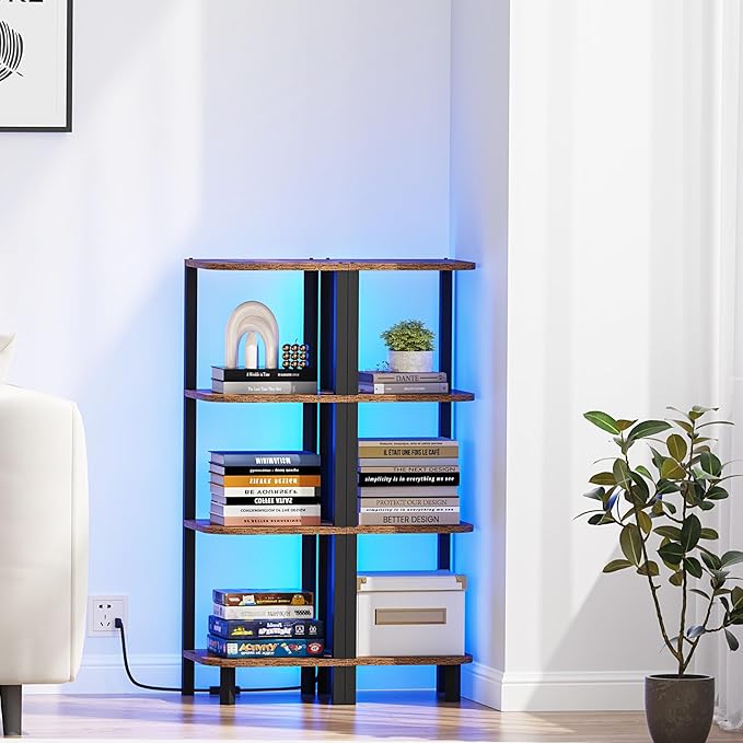TUTOTAK Corner Shelf, 4-Tier Corner Bookshelf for Small Space, Narrow Display Corner Shelf Stand with Storage Rack, for Living Room, Bedroom, Rustic Brown BS08BB004L