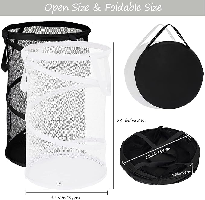 BATTOO 2 Pack Large Collapsible Laundry Basket Foldable Mesh Pop Up Hamper with Handles for Laundry Room, Bathroom, Kids Room, College Dorm, Travel, Storage Organizer Black+White
