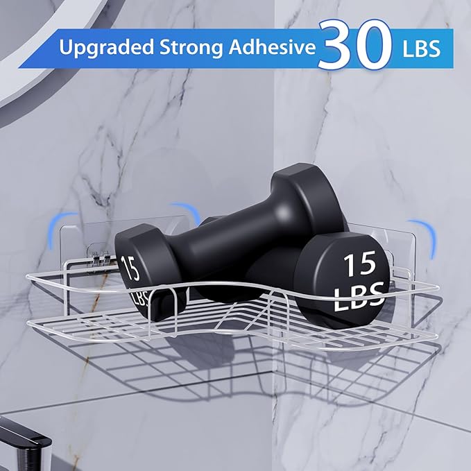 Moonlit Pond Corner Shower Caddy, 2 Pack Adhesive Shower Corner Organizer Shelves, No Drilling Stainless Steel Shower Storage Rack for Bathroom, Dorm and Kitchen, White