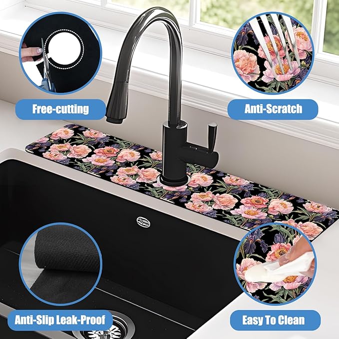 Sink Splash Guard Faucet Mat Peony and Iris Flowers Absorbent Fast Drying Mat Sink Gadgets Splash Guard Behind Faucet Drip Catcher for Kitchen Bathroom 23.5"X5.5"