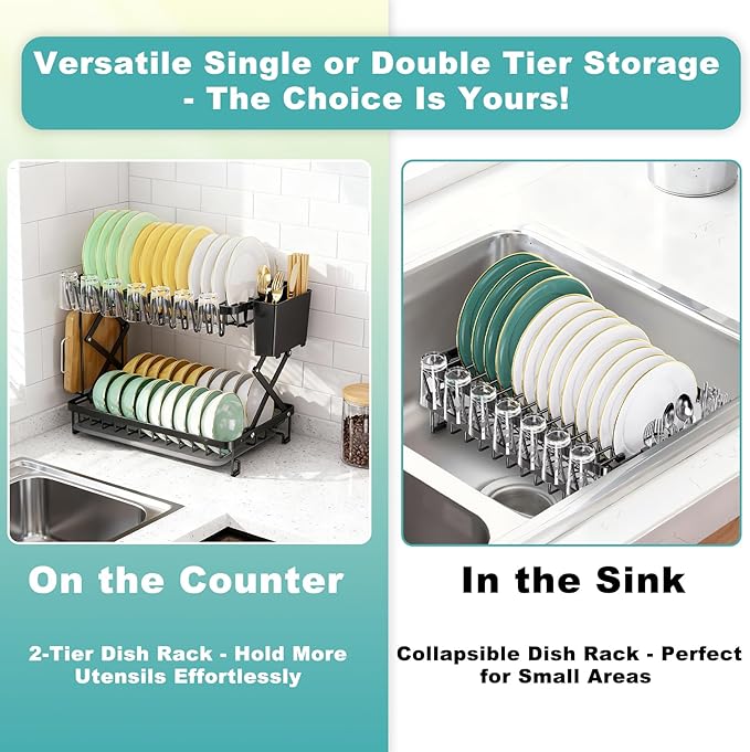 2-Tier Dish Racks for Kitchen Counter, Stainless Steel Kitchen Dish Drying Rack Large Dish Drainers for Kitchens Counter, Space Saving Dishes Strainer for Bowl, Plate, Cup - Modern Counter Organizer