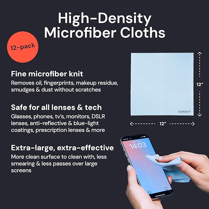 Elite Screens Microfiber Cleaning Cloth - 12-Pack, 12" x 12", Blue - Oversized Eyeglass Cleaning Cloth - Quick-Dry Reusable Glasses Wipes - Portable Pocket Lens Wipes