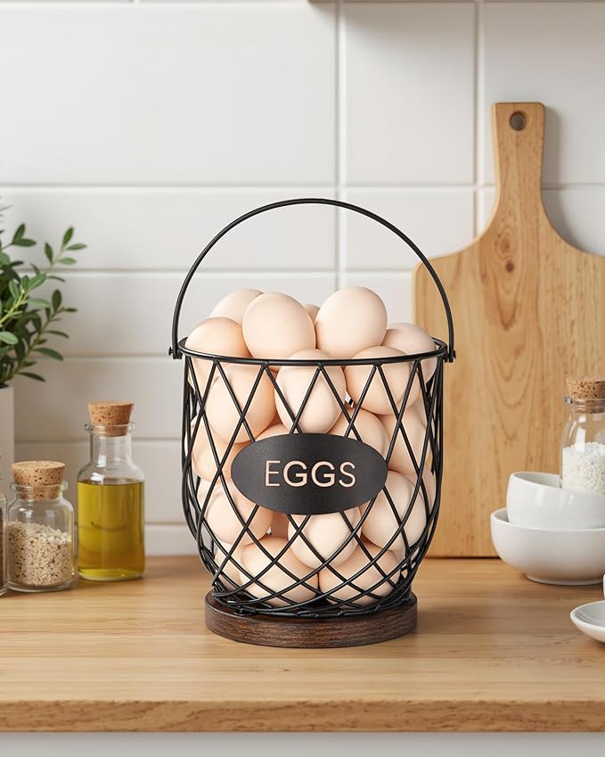 Chicken Egg Basket for Gathering Fresh Eggs with Metal Handle, Wire Egg Collecting Basket with Wooden Base, Round Egg Holder Countertop, Vintage Rustic Farmhouse Kitchen Decor Fruit Storage