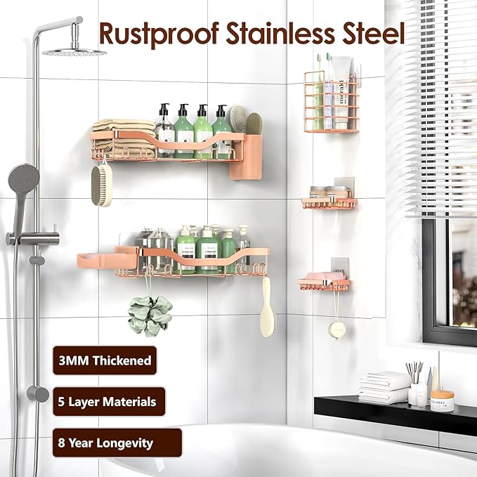 Shower Caddy Adhesive Shower Organizer 7-Pack, Rustproof Stainless Steel Bathroom Shelves, Large Capacity No-Drill Rack Storage Accessories with Soap Dish Toothbrush Holder Hooks