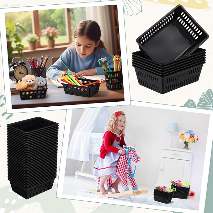 Sherr 36 Pack Classroom Storage Basket Small Plastic Basket for Organizing Crayon Pencil Container Storage Bin Tray Holder for Paper Shelf Back to School Office Supply 6.1" l x 4.3" w x 2.4" h(Black)