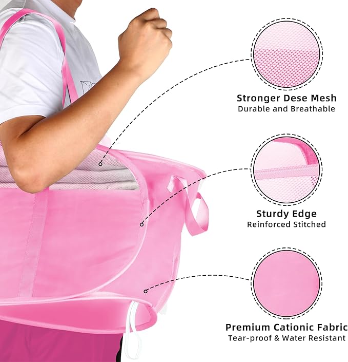 Collapsible Laundry Baskets, Tear Proof Pop Up Laundry Hamper with Dual Handles, Durable Foldable Laundry Basket, Easy to Carry Laundry Hamper for Home, Laundry Room, Bedroom, Dorm, Travel Pink
