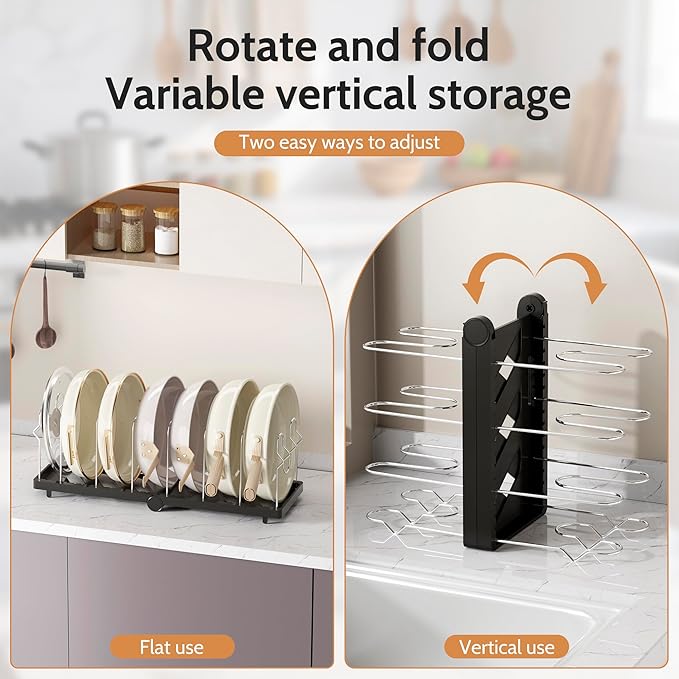 CEHNCEH Pots and Pans Organizer under Cabinet for Cabinet and Countertop Longest 28.5 in Foldable Adjustable 8-Tier Pan Organizer Rack Perfect to Store Pots, Kitchen Cabinet Organizer (Black)