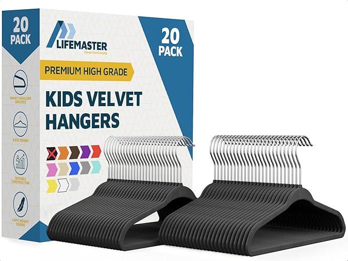 Black Velvet Kids Hangers 20 Pack, 10.83" Non-Slip Baby & Toddler Hangers for Clothes, Space-Saving Slim ABS Plastic with 360° Swivel Hook & Notched Shoulders, Up to 10 lb Capacity